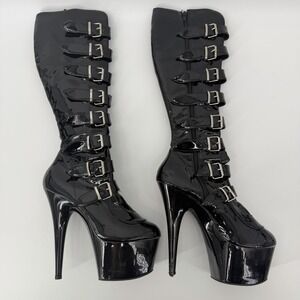 PLEASER ADORE-2043 Women's Black 7" Heel Platform Knee Buckles Size 11 Zip Boots
